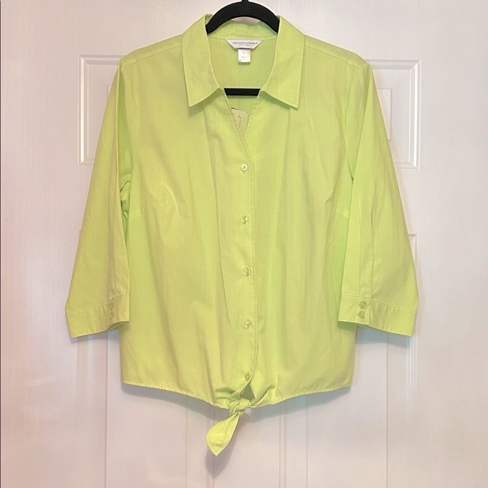 Christopher & Banks Button-Up Top PL Lime Green Tie Front NWT Wrinkle Resistan